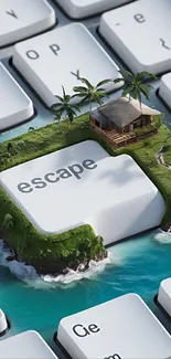 A tropical island escape on a keyboard button.