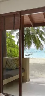 Tropical interior with beach view and palm trees wallpaper.