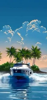 Luxurious yacht near a tropical palm island under a vibrant sky.