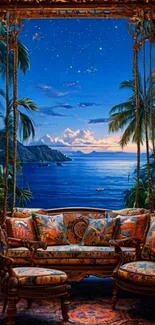 Tropical evening landscape with ocean view and starry sky.