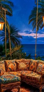 Tropical evening lounge with ocean view and palm tree setting.
