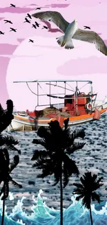 Colorful boat on ocean with birds and pink sky