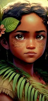 Fantasy artwork of a girl with leaves and flowers.