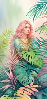 Artistic wallpaper featuring a pink-haired figure among lush tropical foliage.