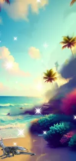 Fantasy beach scene with palm trees and mystical elements.