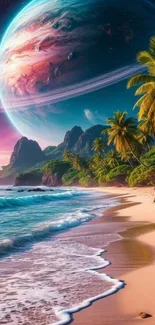 Tropical beach with planetary sky and palm trees.