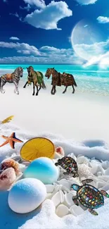 Tropical beach scene with turtles and horses on a dreamy ocean shore.