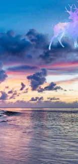 Tropical beach with ethereal deer in sky.