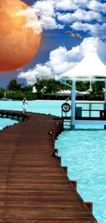 Wooden dock over turquoise water beneath a vibrant, dreamy sky.