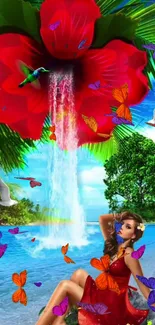 Vibrant tropical fantasy wallpaper with red flower, waterfall, butterflies, and nature scene.