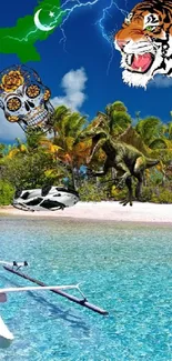 Tropical beach and fantasy elements mobile wallpaper.