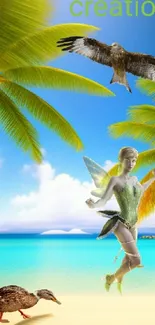 Tropical beach scene with fairy and wildlife.