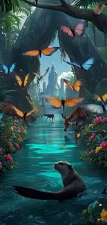 Fantasy wildlife scene with butterflies in a tropical jungle setting.