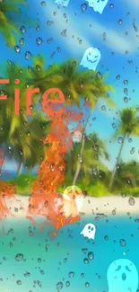 Tropical beach wallpaper with fiery and rainy elements.