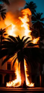 Fiery scene with palm tree engulfed in flames at night.