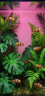 Tropical fish swim among lush green plants in an aquarium setting.