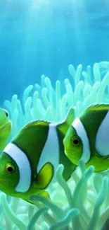 Cartoon-style tropical fish swimming in a vibrant underwater scene.