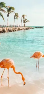 Flamingos in a tropical beach setting with palm trees and teal ocean.