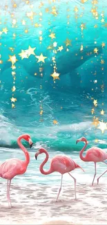 Teal ocean waves with pink flamingos and golden stars.