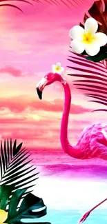 Vibrant tropical wallpaper with flamingo and sunset colors.