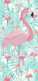 Pink flamingos with green leaves design mobile wallpaper.