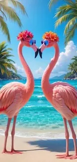 Two flamingos with flower crowns stand on a tropical beach with palm trees.
