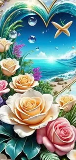 Tropical beach with colorful flowers and ocean waves.
