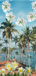 A serene tropical wallpaper with palm trees and flowers by the beach.