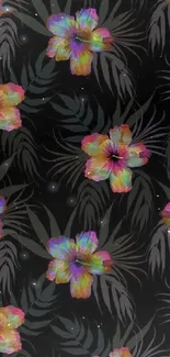 Vibrant tropical flowers on black wallpaper with leafy patterns.