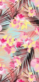 Tropical floral wallpaper with vibrant hibiscus and palm leaves.