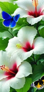 Vibrant tropical flowers with butterflies on lush green background.