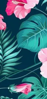 Tropical floral wallpaper with teal leaves and pink flowers.