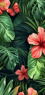 Vibrant tropical floral wallpaper with greens and reds.