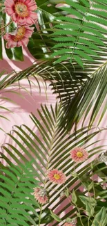 Tropical wallpaper with green leaves and pink flowers on a light background.