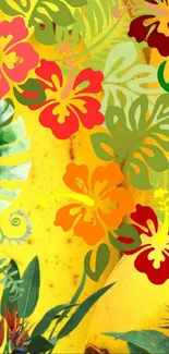 Tropical floral phone wallpaper with vibrant hibiscus and green leaves on a yellow background.