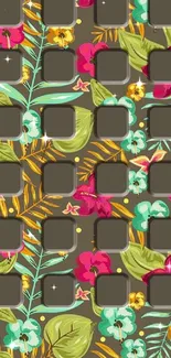 Vibrant tropical floral wallpaper with colorful leaves and flowers.