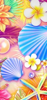 Tropical floral and seashell mobile wallpaper with vibrant colors.