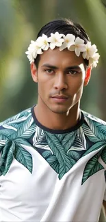 Man wearing tropical leaf shirt and flower crown in lush setting.