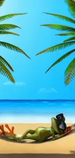 Frog lounging in hammock with palm trees and ocean view.