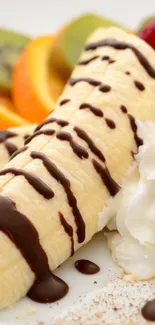 A vibrant dessert wallpaper with bananas, chocolate, whipped cream, and fresh fruit.