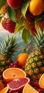 Vibrant tropical fruits with oranges, pineapples, and berries.