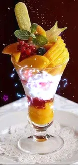 Delicious tropical fruit parfait in a glass bowl with vibrant colors.