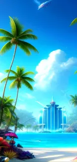 A futuristic beach with blue waters and palm trees under a bright sky.