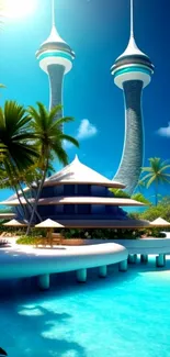 Futuristic towers on a tropical island with vibrant blue waters.
