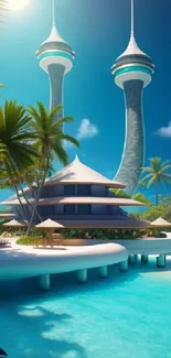 Futuristic tropical island with towers and blue lagoon.
