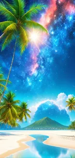 Tropical beach with palm trees under a vibrant galaxy sky.