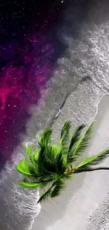 Vibrant wallpaper with purple galaxy and tropical beach.