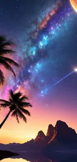 Tropical nightscape with palms and galaxy sky displaying celestial beauty.