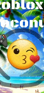 Tropical beach scene with emoji and game controller elements.