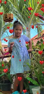 Young girl in blue dress surrounded by tropical plants in a garden setting.